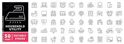 Household utility editable line icons set. Appliances and home essentials