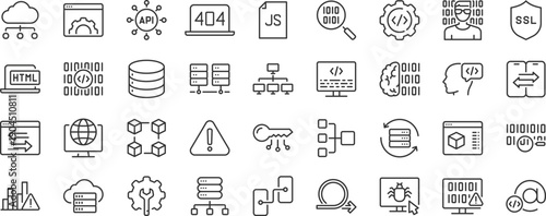 Programming and coding web icons. Information technology, developer, idea, advertising, app, archive, collection. Editable stroke. Vector