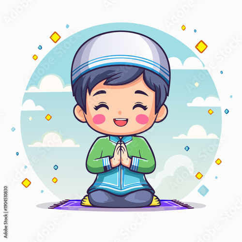 cute pastel flat illustration of a child praying (dua), Ramadan theme, pastel colors, thick rounded outline, kawaii style, clean white background