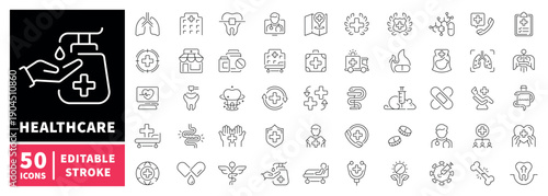 Healthcare editable line icons set: medical and wellness symbols