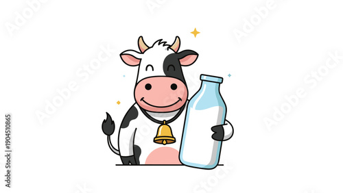 Adorable cartoon dairy cow with a golden bell around its neck happily holding a large glass bottle of fresh white milk on a plain background.