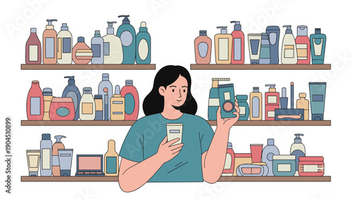 Young woman carefully examining various cosmetic and skincare products displayed on several wooden shelves in a retail store or bathroom.