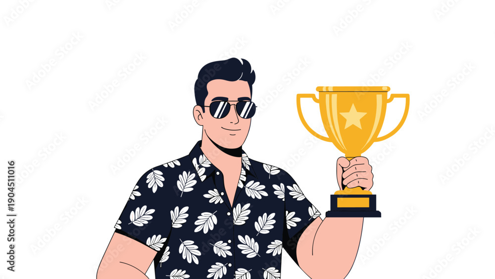 Fototapeta premium Confident man wearing sunglasses and a tropical shirt proudly displays a large gold trophy cup celebrating a personal win.