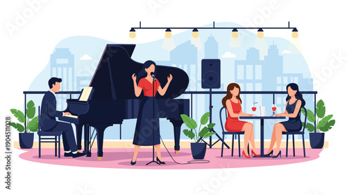 Elegant female singer performing with a pianist on a rooftop lounge as guests enjoy drinks and the city skyline view during the evening.