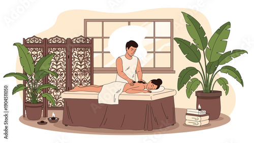 Relaxing spa scene showing a man providing a professional hot stone massage to a woman lying on a massage table in a tranquil room.