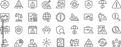 Risk Management web icon set. Risk analysis, risk investment, minimizing losses, plan, low cost, collection. Editable stroke. Vector