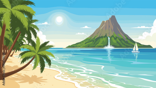 Beautiful tropical island landscape featuring a sandy beach with palm trees and a majestic volcano with a waterfall under a bright sun.