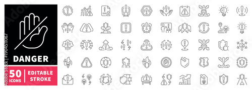 Danger and hazard editable line icons set: risk and warning symbols