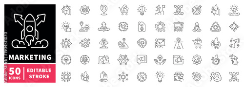 Marketing editable line icons set: strategy, promotion symbols in outline style