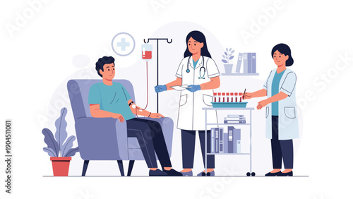 Medical scene showing a male patient sitting in a comfortable chair while two healthcare professionals manage his intravenous treatment.