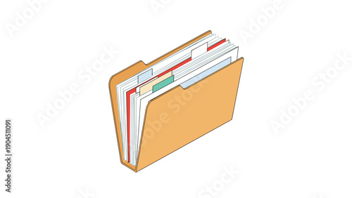 Isometric view of an open manila file folder packed with various colorful documents and labeled organizing tabs for office storage.