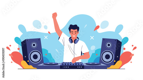 Enthusiastic DJ raising a fist while performing with turntables and large speakers against a vibrant and abstract blue background.