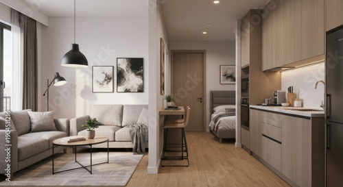 Modern open-concept apartment interior with living, kitchen, and bedroom areas