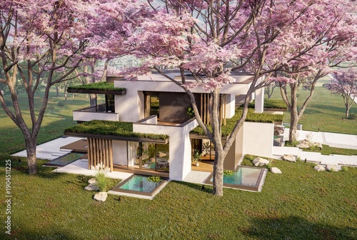 3d rendering of two-story house with parking and pool for sale or rent with concrete facade and beautiful landscaping. Fresh spring day with a blooming trees with flowers of sakura