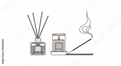Line drawing of a reed diffuser, candle, and incense stick with smoke on a white background.