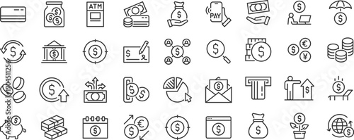 Finance and Money web icons. Money, bank, profit, finance capital, payment, auction, exchance, wallet, deposit infographic. Icon collection. Editable stroke. Vector