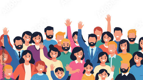 Colorful illustration of a large and diverse crowd of happy people smiling and waving their hands in a friendly greeting.