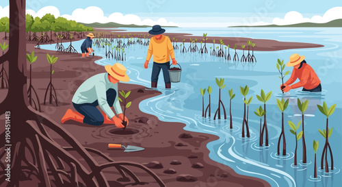 Community Volunteers Plant Mangroves Along Coastal Shoreline for Restoration and Habitat Conservation.