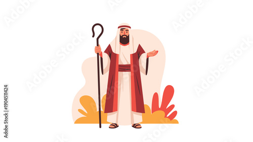 Ancient biblical character resembling a prophet or Moses wearing traditional robes and holding a wooden staff against an abstract background.