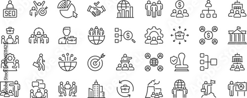 Business structure web icons. Management, company, teams, finance, governance, strategy, hierarchy, productivity, employees, corporation, workers. Editable stroke. Vector