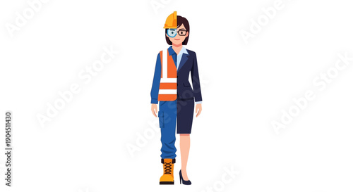 Cartoon Construction Worker in Safety Gear Standing on Job Site with Helmet and Vest.