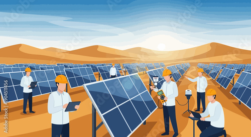 Desert Solar Farm Workers Inspecting Large Solar Panels Under Bright Sun and Sky.