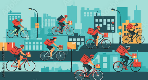 Busy urban cyclists ride through a colorful cityscape.