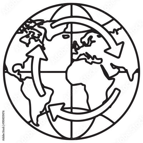 Minimalist black and white line art illustration of planet Earth globe with rotating arrows symbolizing global logistics, international trade, circular economy, and environmental sustainability.
