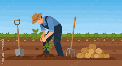 Farmer Tending a Plowed Field with Hoe Under a Sunny Rural Sky.