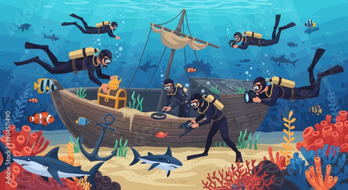 Underwater Divers Explore Sunken Boat Amid Vibrant Reef and Colorful Marine Life.