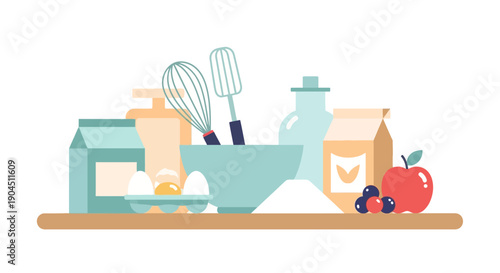 Cozy kitchen countertop with baking ingredients, utensils, and fresh produce ready for cooking.