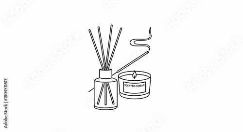 A line drawing of a reed diffuser and a burning incense stick on a white background with simple black lines.