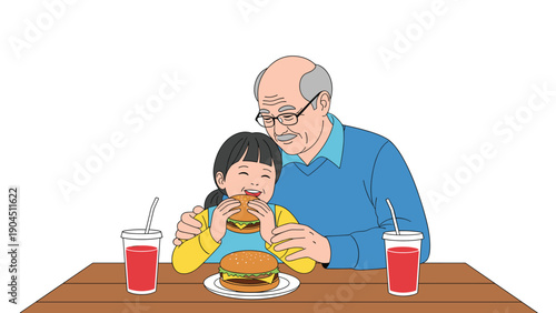 Heartwarming scene of an elderly grandfather hugging his young granddaughter while they enjoy burgers and drinks at a wooden table.