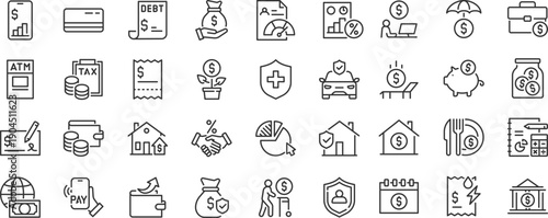 Personal Finance web icons. Salary, budget, pay online, bank, credit card, wallet, tax, management, collection. Editable stroke. Vector