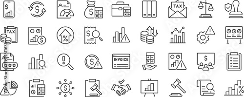 Accounting web icons. Assessment, calculator, check mark, auditing, inspection, investment, calculation, analytics, collection. Editable stroke. Vector