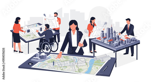 Collaborative urban planning meeting with diverse team gathered around large city map and discussion tables.