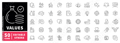 Values editable line icons set. Ethics and integrity symbols