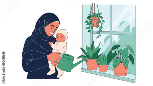 Caring Muslim woman wearing a hijab is holding a small baby while watering potted plants on a window sill at home.