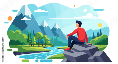 Secluded mountain lakeside scene with hiker resting on a rocky overlook.