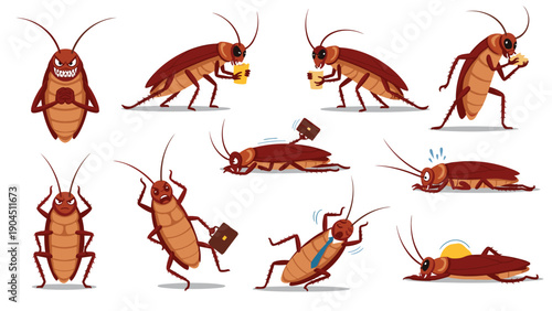 Fun collection of cartoon cockroach characters in various poses including eating, working, sleeping, and acting like a businessman.