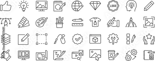 Branding web icon set. Digital marketing, product, logo, idea, brand, collaboration, social media, target audience, promotion, collection. Editable stroke. Vector