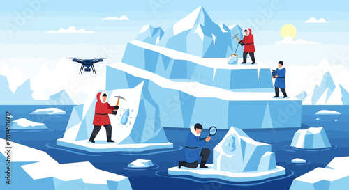 Expeditionary explorers and climbers navigate icy cliffs and floating ice in a remote arctic landscape.