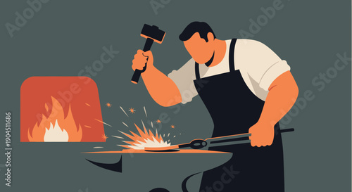 A Blacksmith At The Forge Crafting Metal With Hammer Amid Fire And Sparks In An Industrial Workshop.
