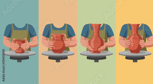 Stylized illustration of a person cooking with a pot and apron repeated in multi-panel pattern.