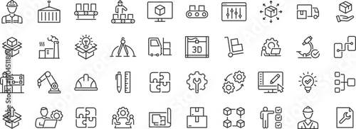 Mass Production web icons. Robot, productive, workflow, industrial, automation, collection. Vector
