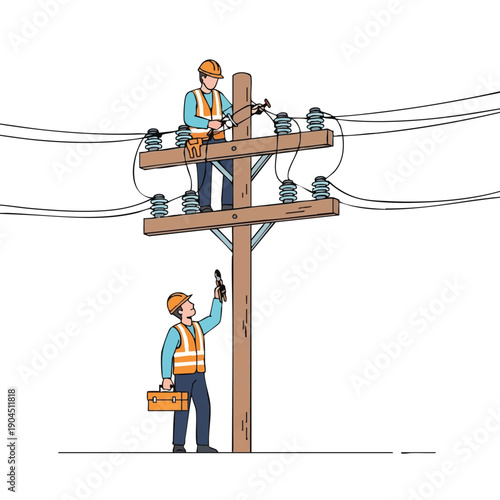 Electric Utility Workers Repairing Power Lines on Pole. Linemen Maintenance and Service Work. Isolated Outline Illustration.