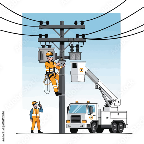 Electric Utility Linemen Working on Power Pole Maintenance. Worker Secured with Safety Harness Using Digital Tablet on High Voltage Lines. Vector Illustration.