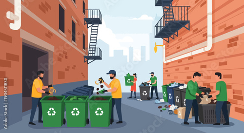 Urban Recycling Efforts in a Sunny Alley Show Community Sorting and Waste Reduction.