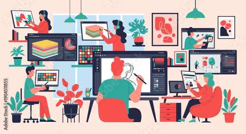 Vibrant collaborative office scene featuring workers at computers, desks, and colorful wall art.