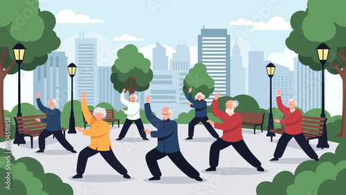Healthy active lifestyle concept featuring a group of senior people practicing tai chi exercises together in a modern city park.